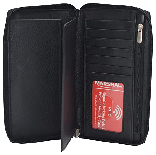 MARSHAL RFID Blocking Genuine Leather Long Bifold Zipper Checkbook Cover Wallet (Black)