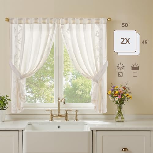 Image of jinchan White Floral Linen Kitchen Tier Curtains 50x45 Inch 2 Panels