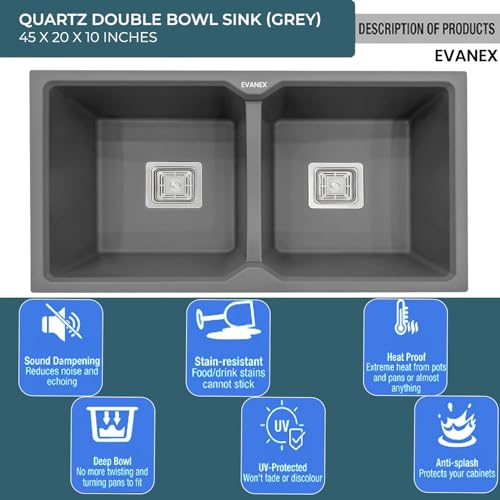 Image of EVANEX Quartz Kitchen Sink|Double Bowl Sink for Kitchen|Topmount /Undermount Kitchen Sinks|Grey Double Sink with Connector, Waste Pipe, Coupling and Drain Basket|45x20x9 Granite Kitchen Sinks