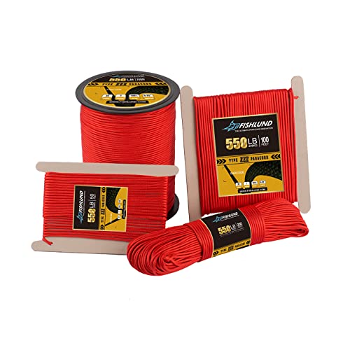 FISHLUND Paracord - Cuerda de paracaídas tipo III de 7 hebras de 550 libras, 250 pies, 4 mm, cuerda de paracaídas de nailon de alta resistencia para camping, supervivencia, táctica y senderismo, rojo