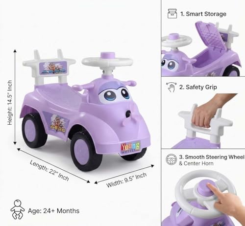 Image of Kids Ride On Purple Car for Toddlers with Steering Wheel & Backrest | Foot to Floor Baby Push Car | Indoor Outdoor | Strong Wheels & Comfortable Seat | Racing Design for Boys & Girls (1-3 Years)
