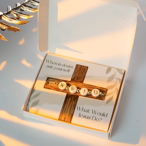 What Would Jesus Do Bracelet, Dainty WWJD Jewelry, Christian Gifts for Women, Cross Bracelet Box, Religious & Spiritual Catholic Gifts for Women, Shell Beads & Gold-Plated Accents, Adjustable4