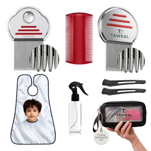 Professional 7 Piece Lice Removal Kit, 3 Combs Stainless Steel Lice Combs with Protective Wrap, Spray Bottle &amp; Hair Clips, Pouch Removes Lice, Nits &amp; Eggs, for All Hair Types
