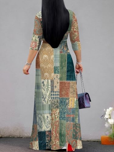 Image of Women's Plus Size Maxi Dresses Long Sleeves V Neck Floral Print Bohemian Swing Long Dress with Belt