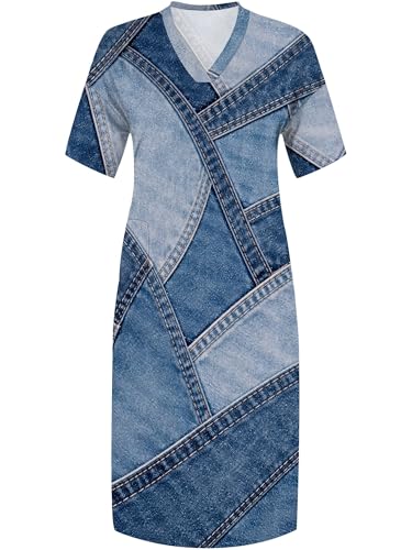Image of SUZONANA Plus Size Denim Print Maxi Dresses for Women Casual V Neck Short Sleeve with Pockets Soft Jean Look Dress XL-6XL