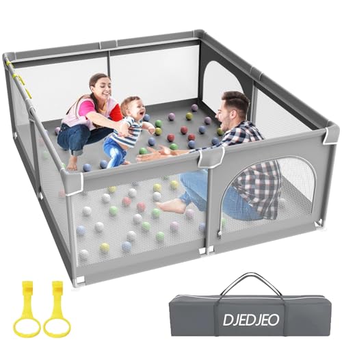 DJEDJEO Parco per bambini pieghevole, formato XXL da 180 x 150 cm, con rete morbida e traspirante, con base antiscivolo e porta con cerniera, area attività per interni ed esterni, da 0 a 6 anni