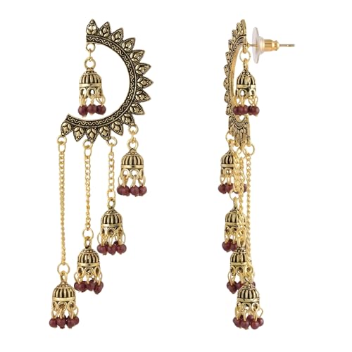 Image of WORLD CRAZE Multicolour long kashmiri jhumka for women chandbali earrings chand baliyan | kashmiri earrings for women | bahubali earrings stylish | Traditional Indian Festive Jewelry | Long Chain Tassels | Pearl Drop Latkan Jewellery (Multi colour)