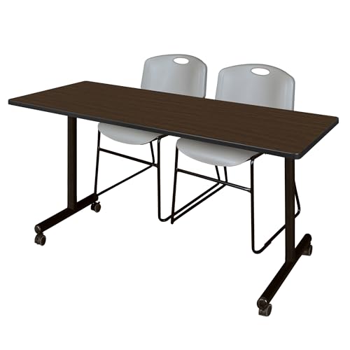 Image of Regency Kobe 60 x 24 in. Mobile T-Base Training Table- Neo Walnut, 2 Zeng Stack Chairs- Grey