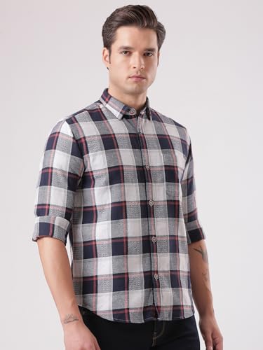 Image of TURMS Men's Casual Checks Shirts, Odor Control, Moisture Wicking, Button Down Collar, Cool Tech Cotton Fabric, Tailored Fit, Full Sleeve