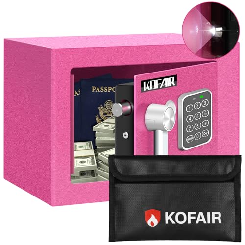 KOFAIR Safe Box for Home Safe (0.23 Cubic Feet) with Fireproof Bag, Personal for Money Safe for Cash Saving, Mini Safety with Key, Digital Safety with Light, Money Lock Box (Pink)