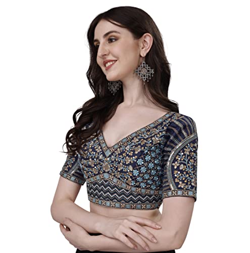 Image of Pujia Mills Mills Women's Fancy Readymade Heavy Coding Embroidary Worked Half Sleeve Multicolor Saree Blouse(Mushroom)