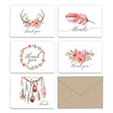 Boho Essence Themed Thank You Note Cards and Kraft Envelopes (Pack of 25, 5 of each card design)
