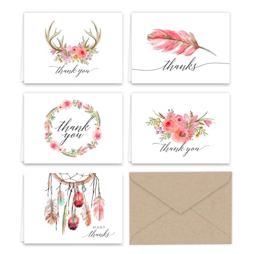 Paper Frenzy Boho Essence Thank You Note Cards and Kraft Envelopes 25 pack