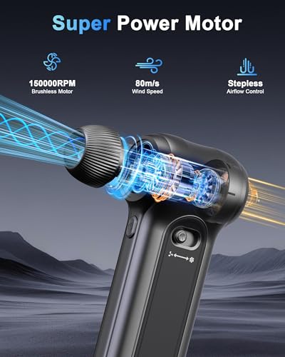 Image of Compressed Air Duster 150000RPM Cordless Blower LED for Electronics Car | 150000RPM brushless cordless air duster. Stepless speed control. Rechargeable with LED light. Multi nozzles for electronics
