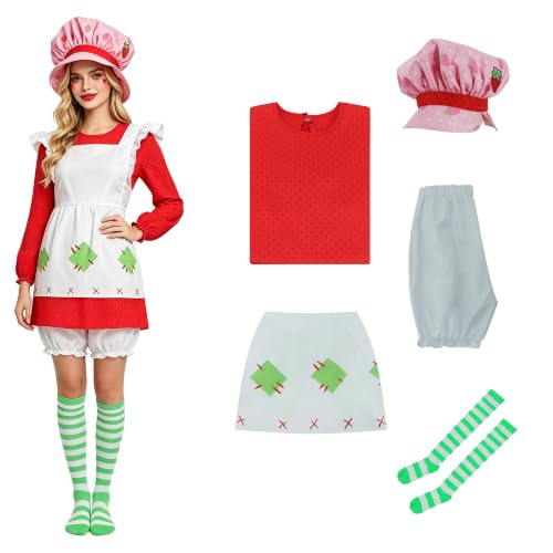 JUIWAULY Women Strawberry Cake Costume Starwberryland Cosplay Red Dress with Apron Bonnet Hat Tights Bloomers Halloween Suit M