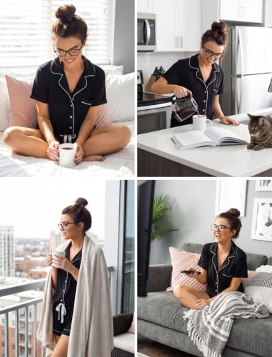 Image of Pjmlifecoco Women's Modal Pajama Set Short Sleeve Button Down Two Piece Soft Sleepwear with Shorts Loungewear S-XXL