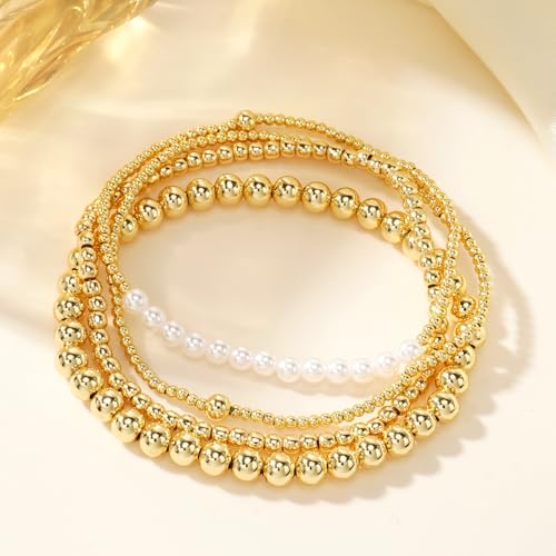 14K Gold Plated Beaded Bracelets Stack Set for Women,Stretch Boho Colorful Beads Ball Jewelry Friendship Summer Trendy3