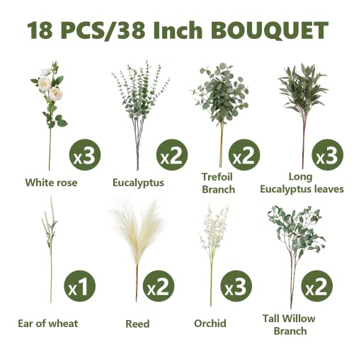 Misspin 18Pcs Tall Artificial Greeneries Spring Decor Artificial Flowers Eucalyptus Leaves Stems Set Greenery Stems Faux Reed Maple Leaves For Wedding Bouquet Table Centerpieces(Not Include Vase) #TOP1
