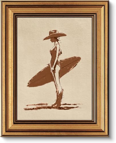 Gold Framed Wall Art, Coastal Cowgirl Surfer Girl Canvas Prints – Vintage Western Surfboard Sketch Pictures Decor, Rustic Beach House Gallery Artwork for Living Room, Bedroom 12x16 inch