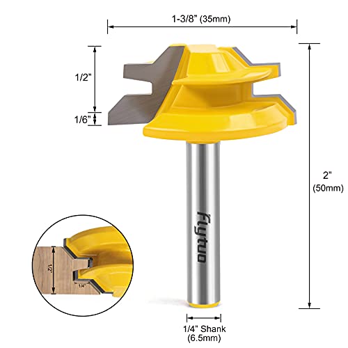 45 Degree Lock Miter Router Bit 1/4 Shank, Flytuo 1/2 Inch Stock Joint Router Bit With 2 Blades, Suitable For 90-Degree Tenon Joint Woodworking(1-3/8'' Width, 1/2'' Stock) #TOP1