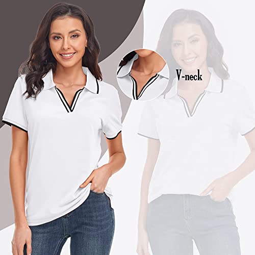 Igeekwell Women's Golf Polo Shirt V Neck Collar Polo Shirt Short Sleeve Golf Tees Casual Moisture Wicking Tennis T-Shirts Polo Women T-Shirt C-White S #TOP3