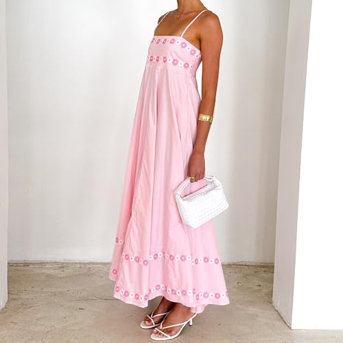 Women's Spaghetti Strap Dress 3D Flower Stylish Sleeveless Loose Fit Long Dresses Summer Beach Party Maxi Dress4