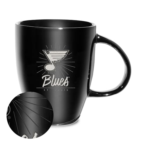 Rico Industries NHL Hockey St. Louis Blues Sunburst Black 18oz Laser Engraved Ceramic Lustre Mug