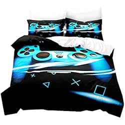 Cubrecamas Para Adolescentes PEIHUODAN Juego de Cama para Adolescente 2/3 Piezas Gamepad Negro Azul Verde Gris Amarillo Gamer Consola de Juego Poliéster Niño Funda Nórdica y Funda de Almohada (Azul,150x200 cm,Cama 90 cm)