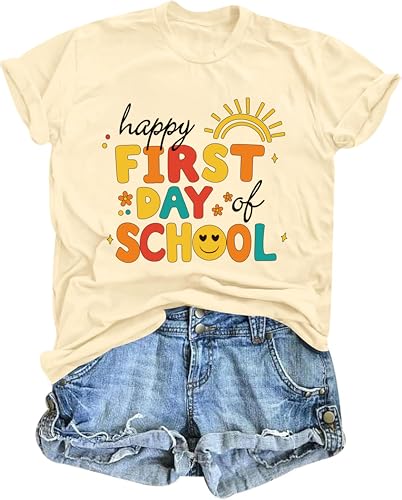 First Day of School Shirts Teacher Shirt Elementary T-Shirt Back to School Tee Cute Learning Graphic Casual Summer Tops Apricot