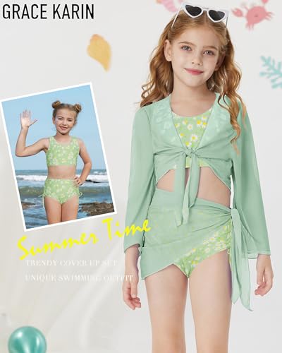 Image of GRACE KARIN Girls Bathing Suit Adjustable Taniki Swimsuit Tie Front 4 Piece Bikini Set with Kimono Cover Up 6-14