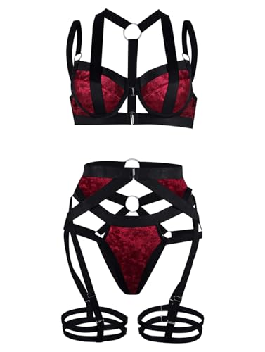 Foto de Lilosy - Conjunto de lencería sensual para mujer, liguero con arnés, bragas y brasier con varillas y tirantes delgados, 3 piezas (imagen 5)