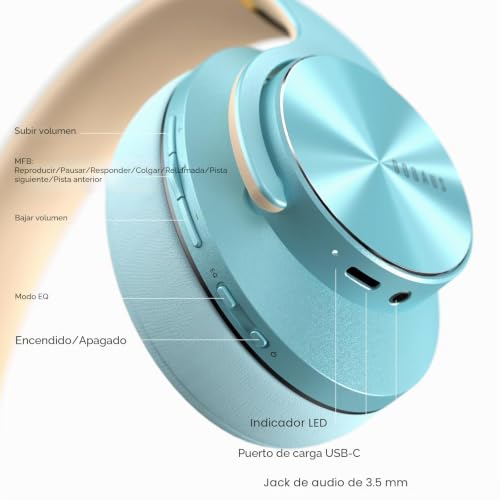 Miniatura 7 de Doqaus Auriculares Inalámbricos Bluetooth,3 Modos Eq 90 Horas De Reproducción Bluetooth 5.3 Cascos Bluetooth, Auriculares Inalámbricos Con Micrófono Y 40mm Controlador,Para Móviles Pc Hogar-Azul Hielo