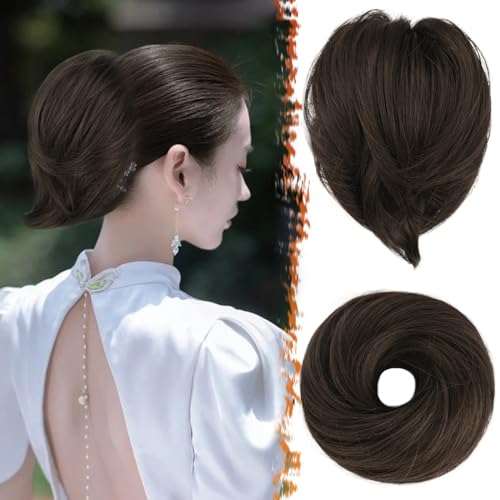 BARSDAR Straight Brown Hair Bun Extensions - Short Straight Ponytail Hair Bun Extensions for Women, Synthetic Elastic Bun Hair Scrunchies Hairpieces Daily - Dark Brown Mixed by BARSDAR - Used condition - CA$11.60