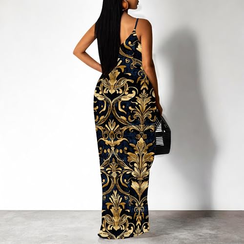 Image of Women's Summer Maxi Dress Spaghetti Strap Floral Boho Beach Long Sundress with Pockets