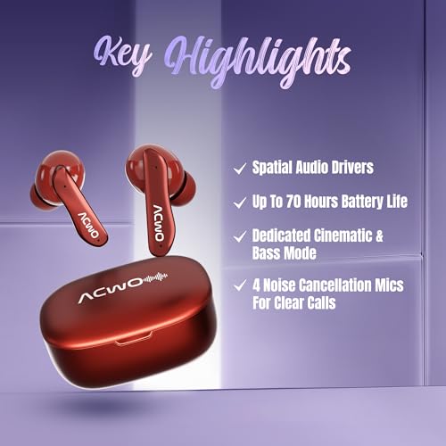 Image of ACwO Dwots 111 in Ear Wireless Earbuds|Up to 75Hrs Battery Life|10Mm Spatial Drivers|Noise-Free Calls with 4 Noise Cancellation Mics|Bluetooth V5.4|Dedicated Cinematic & Bass Mode (Crimson Red)