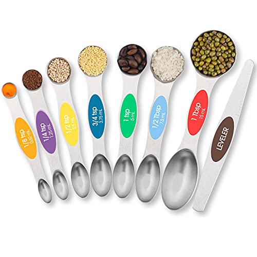 TEMEISI Magnetic Measuring Spoons Set, Dual Sided Stainless Steel Measuring Spoons Fits in Spice Jars, Stackable Teaspoon for Measuring Dry and Liquid Ingredients - Set of 8.