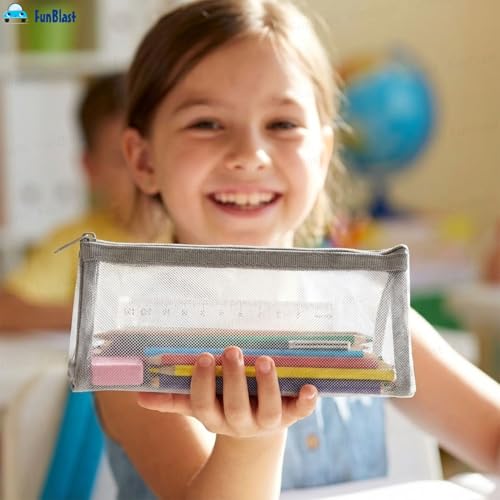 Image of FunBlast Mesh Pencil Case with Smooth Zipper, Single Layer Multi-Purpose Stationary & Pen Pouch for Boys & Girls, Transparent Stationary Bag, Organizer Pouch for Student (Grey-C)