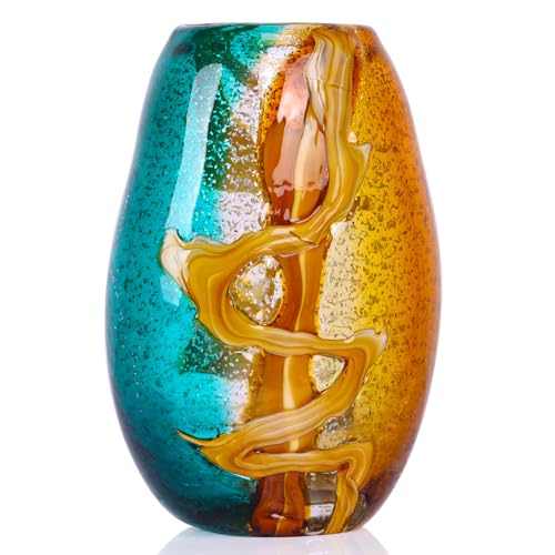 9.8" Hand-Blown Colorful Glass Vase - Green, Blue, Amber, Burnt