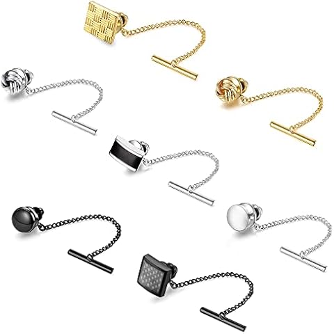 FUNRUN JEWELRY 7Pcs Tie Tacks for Men Tie Pins with Chain Black Gold Silver Tone Tie Tack Clutch for Wedding Birthday Anniversary Business Jewelry Cover
