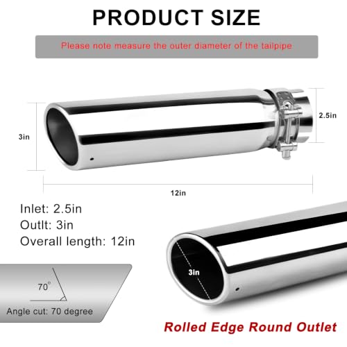 Image of 2.5 inchInlet 3 inch Outlet Polished Exhaust Tip 12 inch Length Stainless Steel