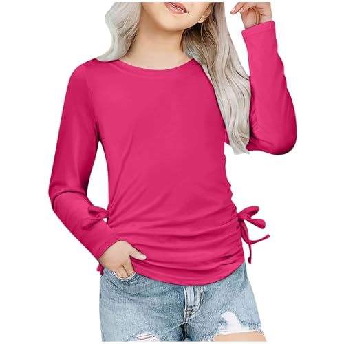 Kids Girls Long Sleeve Tops Crewneck Bow Tie Solid Color T Shirt Casual Loose Tees Pullover Girls Fall Simple Clothes