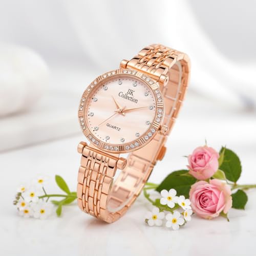 Image of IIK COLLECTION Watches for Women Round Studded Dial |Analogue Quartz Movemnet Ladies Watch|Long Battery Life|Stainless Steel Adjustable Bracelet Chain Strap|Double Lock Clasp Safety Watches for Girls
