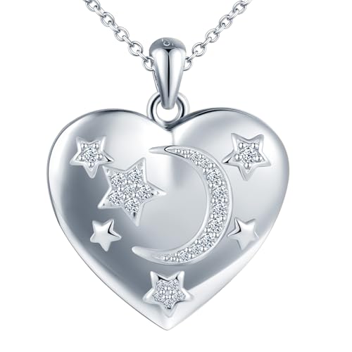 MICSAVI Médaillon Cœur Collier Étoile Lune Argent 925 pour Femme, Chaîne avec Pendentif Cœur pour Image Photo Médaillon Porte Photo Personnalisable Bijoux pour...
