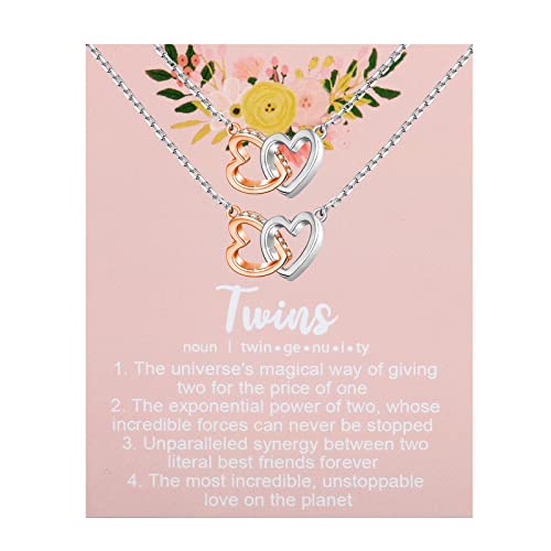 UJIMS Twin Sister Interlocking Hearts Necklace Twins Jewelry Birthday Message Necklace for Her