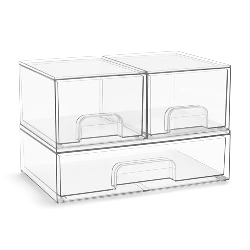 Image of Sorbus Acrylic Storage Containers - 3 Pack, Stackable Storage Bins Set for Bathroom Organization - Clear Acrylic Drawer Organizers - Makeup Case Pull-Out Drawers (4.4’’ Tall and 12.1’’ Wide)