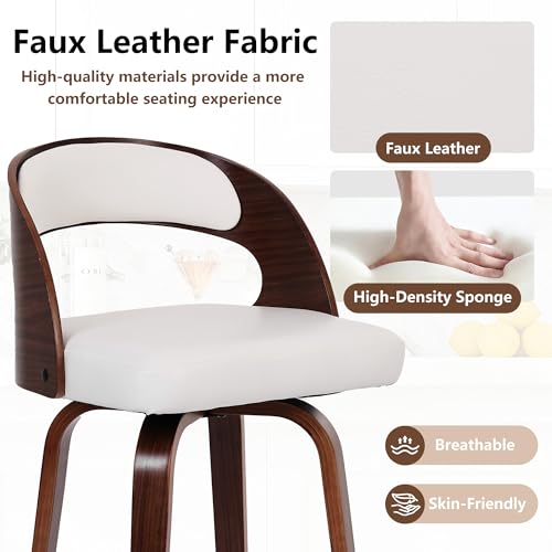 Image of Swivel Bar Stools Set of 3, 26 inch Counter Height Bar Stools with Curved Backrest, Mid-Century Modern PU Fabric Modern Island Chairs with Footrest, for Kitchen, Bar, Restaurant, Cafe, White