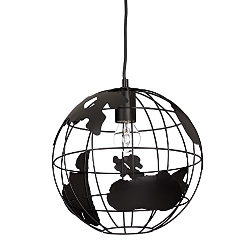 Relaxdays Lampe à suspension abat-jour boule globe monde métal luminaire plafond Ø 30 cm, noir