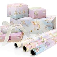 ZICOTO Beautiful Unicorn Birthday Wrapping Paper Roll Set for Girls - Cute Set of 3 Quality Rolls With Enchanting Designs - Add a Touch of Magic to Every Kids & Baby Gift You Wrap - 17 x 120 in