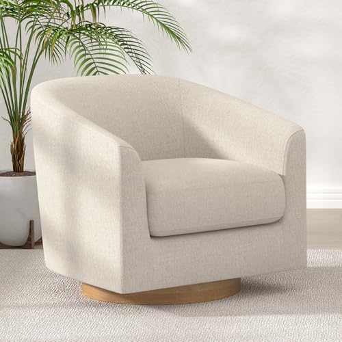 Image of Swivel Accent, Upholstered Modern Barrel-Curved Arm, Linen Fabric Comfty Sofa Solid Wood Base Reading Bedroom, Club Living Room Chair, 31.1 inchW x 31.5 inch D x 28.9 inch H, Flax Beige