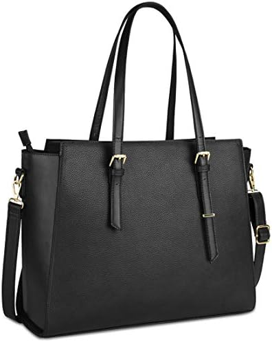 NEWHEY Laptop Bags for women Large Leather Handbags Ladies Laptop Tote Bag Business Work Shoulder Bag Purse 2pcs Set 15.6 Inch Black
